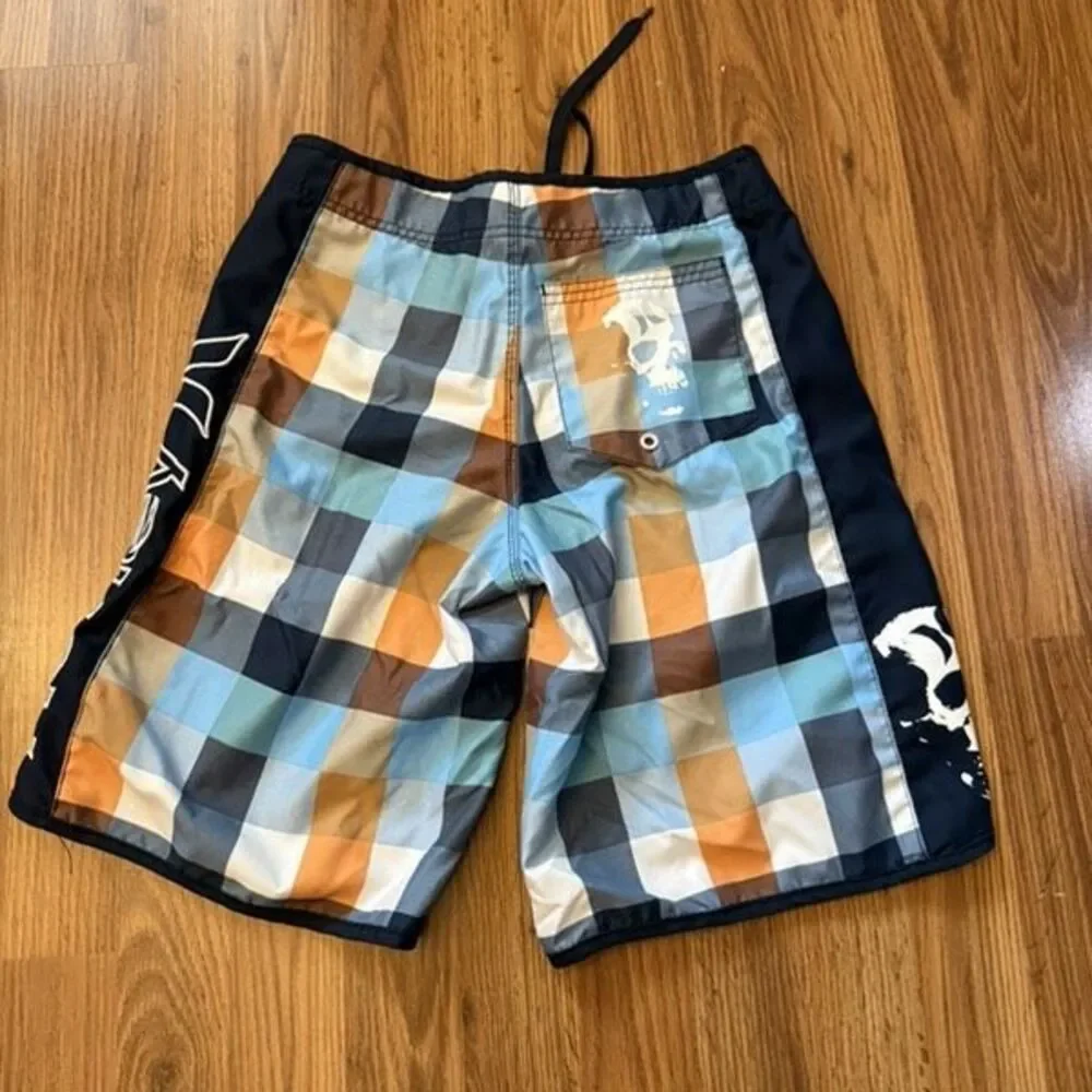 Hurley Youth Plaid Skull Print Lace Up Swim Board Shorts Multicolor Size 12